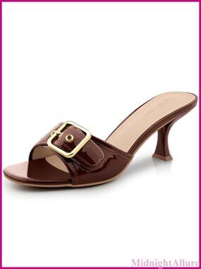 Kitten Heel Square Open Toe Mule Sandals Faux Leather Slip On Heels for Work